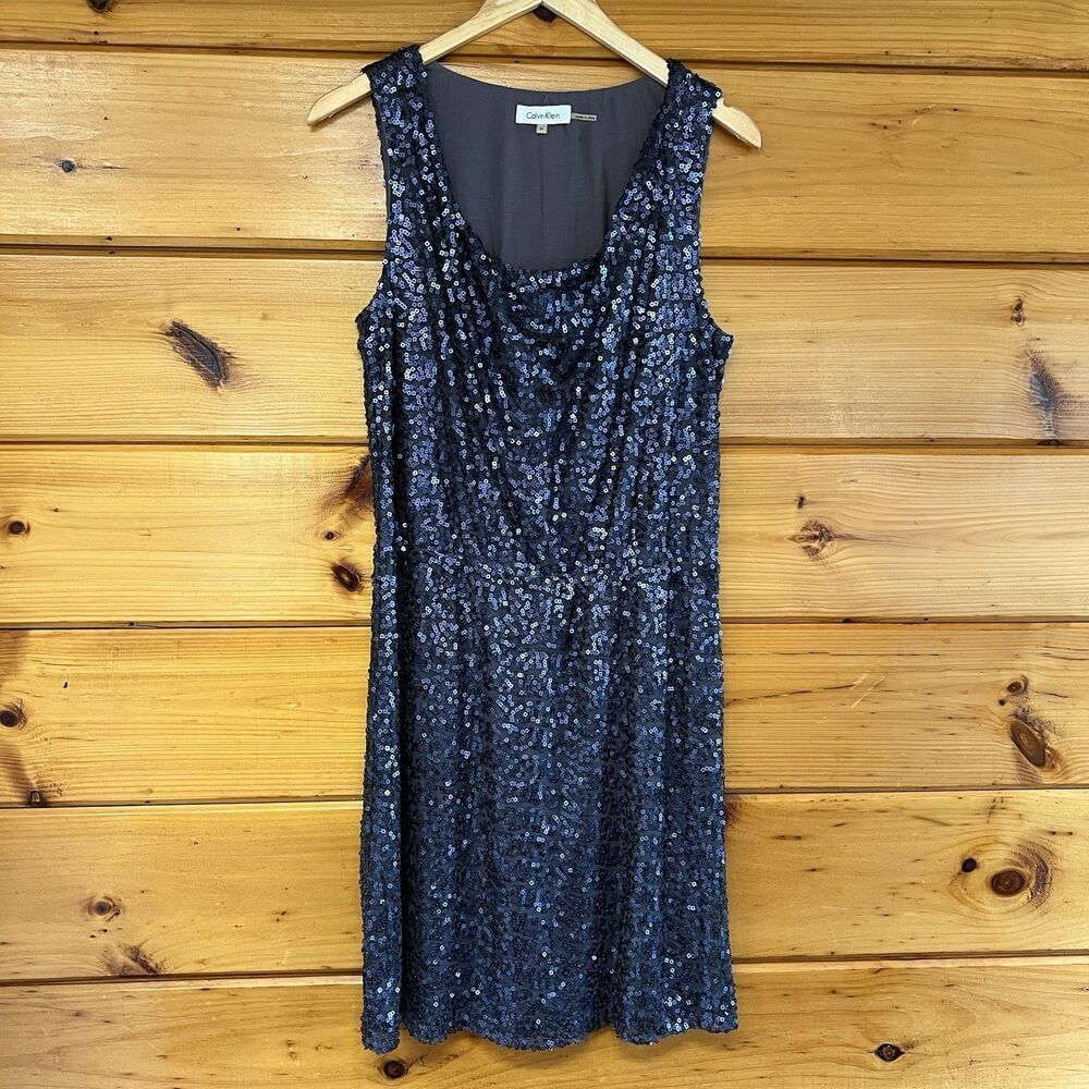 Calvin Klein Sequin Dress Cowl Neckline Shimmer Blue Formal Cocktail Sz M